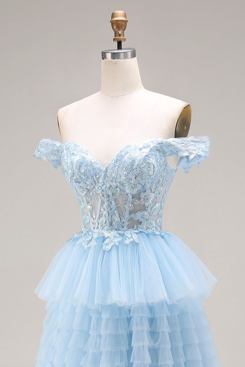 Laden Sie das Bild in den Galerie-Viewer, Prinzessin Himmelblaues Schulterloses Rüschendes Langes Tüll Ballkleid mit Stickerei