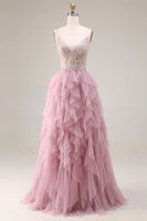 Laden Sie das Bild in den Galerie-Viewer, Staubiges Rosa A-Linie Tüll Spaghettiträger Langes Abschlussballkleid und Rüschen