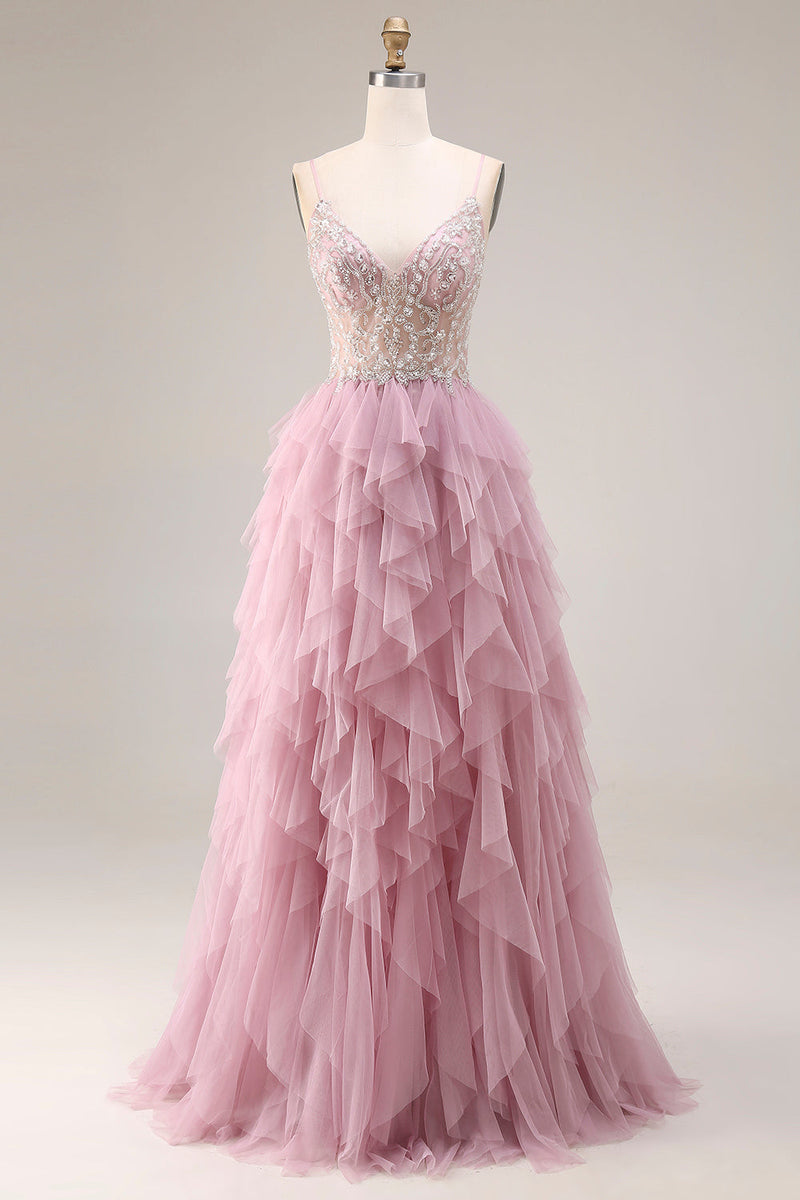 Laden Sie das Bild in den Galerie-Viewer, Staubiges Rosa A-Linie Tüll Spaghettiträger Langes Abschlussballkleid und Rüschen