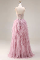 Laden Sie das Bild in den Galerie-Viewer, Staubiges Rosa A-Linie Tüll Spaghettiträger Langes Abschlussballkleid und Rüschen