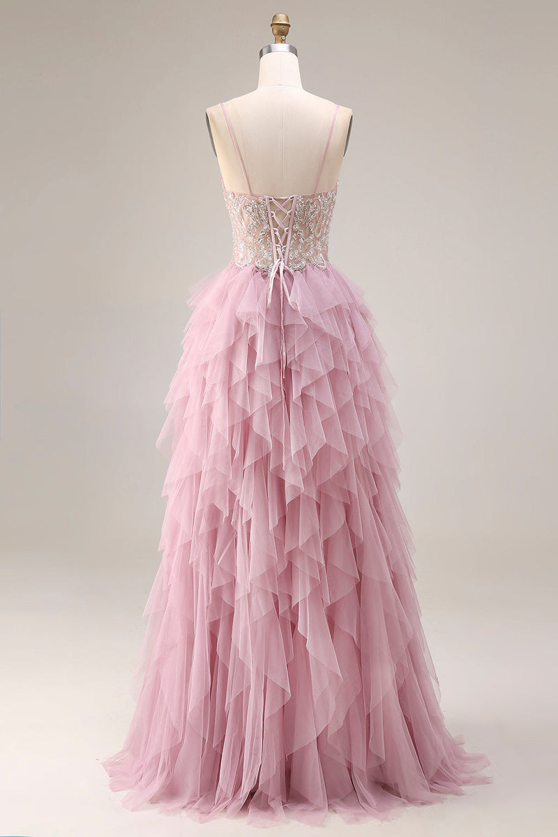 Laden Sie das Bild in den Galerie-Viewer, Staubiges Rosa A-Linie Tüll Spaghettiträger Langes Abschlussballkleid und Rüschen