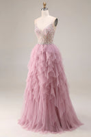Laden Sie das Bild in den Galerie-Viewer, Staubiges Rosa A-Linie Tüll Spaghettiträger Langes Abschlussballkleid und Rüschen