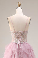 Laden Sie das Bild in den Galerie-Viewer, Staubiges Rosa A-Linie Tüll Spaghettiträger Langes Abschlussballkleid und Rüschen