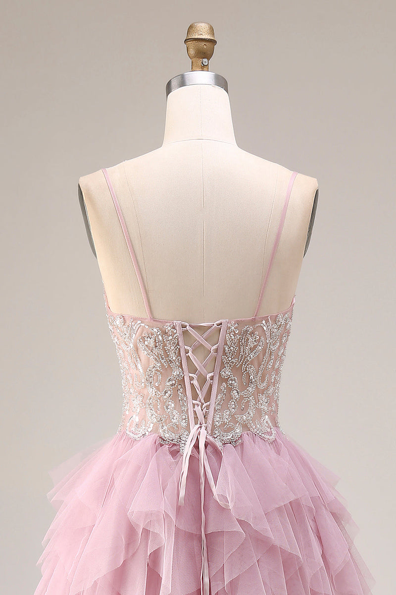 Laden Sie das Bild in den Galerie-Viewer, Staubiges Rosa A-Linie Tüll Spaghettiträger Langes Abschlussballkleid und Rüschen