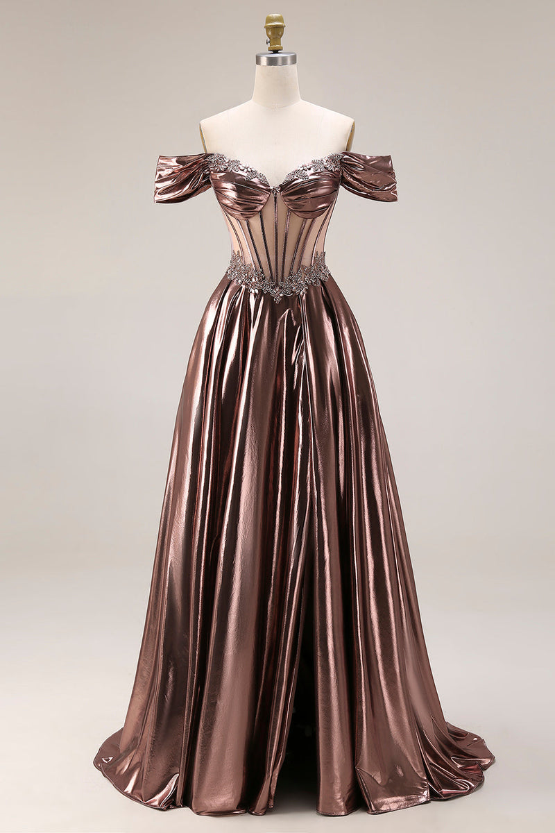 Laden Sie das Bild in den Galerie-Viewer, Schulterfreies Metallisches Transparentes Korsett A-Linie Langes Ballkleid mit Perlen