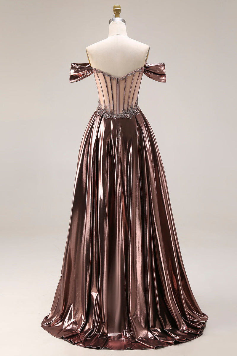 Laden Sie das Bild in den Galerie-Viewer, Schulterfreies Metallisches Transparentes Korsett A-Linie Langes Ballkleid mit Perlen