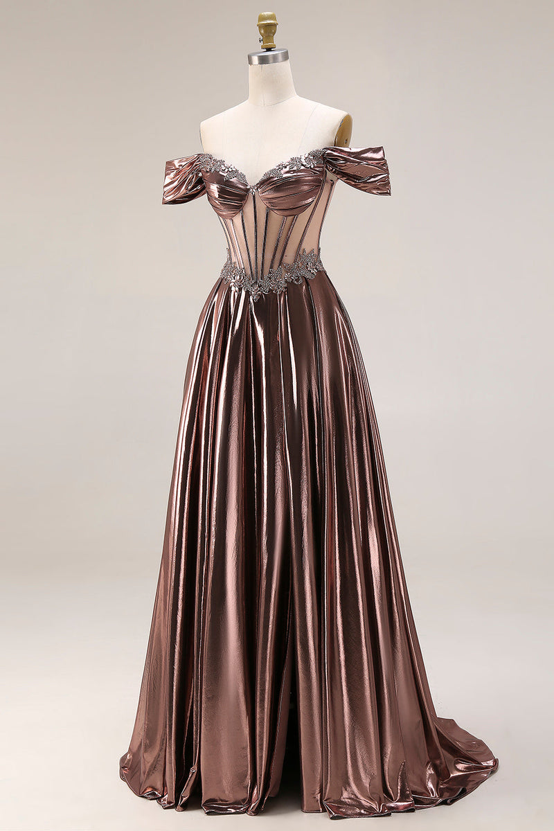 Laden Sie das Bild in den Galerie-Viewer, Schulterfreies Metallisches Transparentes Korsett A-Linie Langes Ballkleid mit Perlen