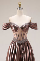 Laden Sie das Bild in den Galerie-Viewer, Schulterfreies Metallisches Transparentes Korsett A-Linie Langes Ballkleid mit Perlen