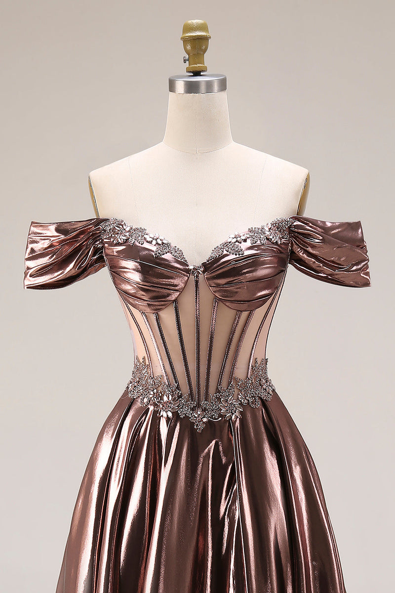 Laden Sie das Bild in den Galerie-Viewer, Schulterfreies Metallisches Transparentes Korsett A-Linie Langes Ballkleid mit Perlen