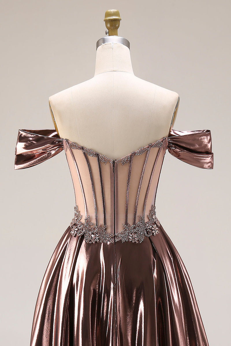 Laden Sie das Bild in den Galerie-Viewer, Schulterfreies Metallisches Transparentes Korsett A-Linie Langes Ballkleid mit Perlen