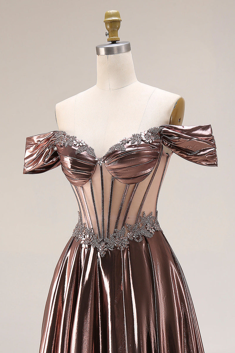 Laden Sie das Bild in den Galerie-Viewer, Schulterfreies Metallisches Transparentes Korsett A-Linie Langes Ballkleid mit Perlen
