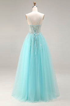 Mint A-Linie Pailletten Transparentes Korsett Perlen Langes Ballkleid mit Schnürung