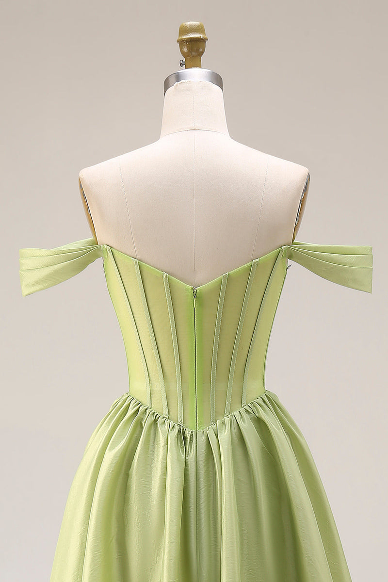 Laden Sie das Bild in den Galerie-Viewer, Hellgrün A-Linie Schulterfreies Strasssteinen Transparentes Korsett Langes Abendkleid mit Schlitz