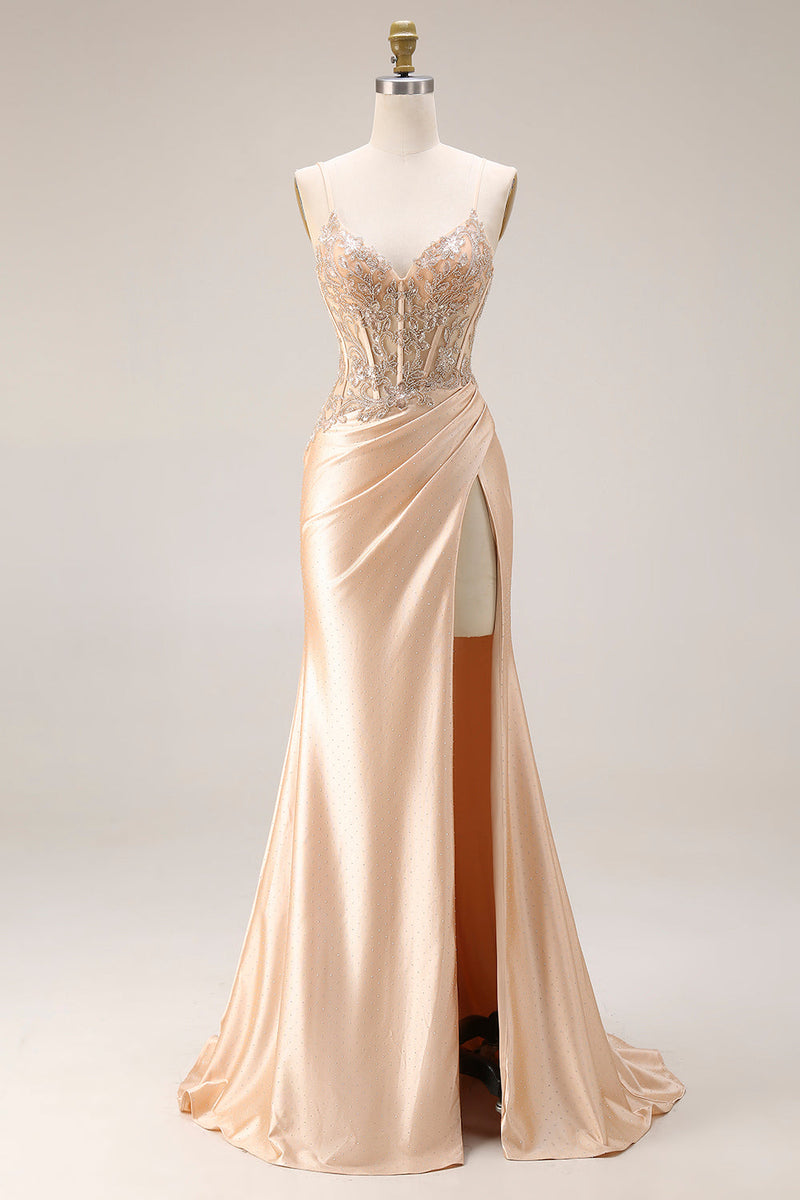 Laden Sie das Bild in den Galerie-Viewer, Champagner Perlenbesetztes Meerjungfrauen Korsett Langes Satin Ballkleid mit Schlitz