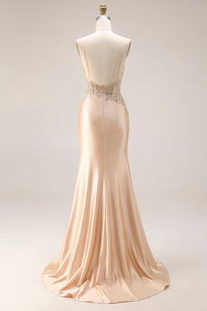 Champagner Perlenbesetztes Meerjungfrauen Korsett Langes Satin Ballkleid mit Schlitz