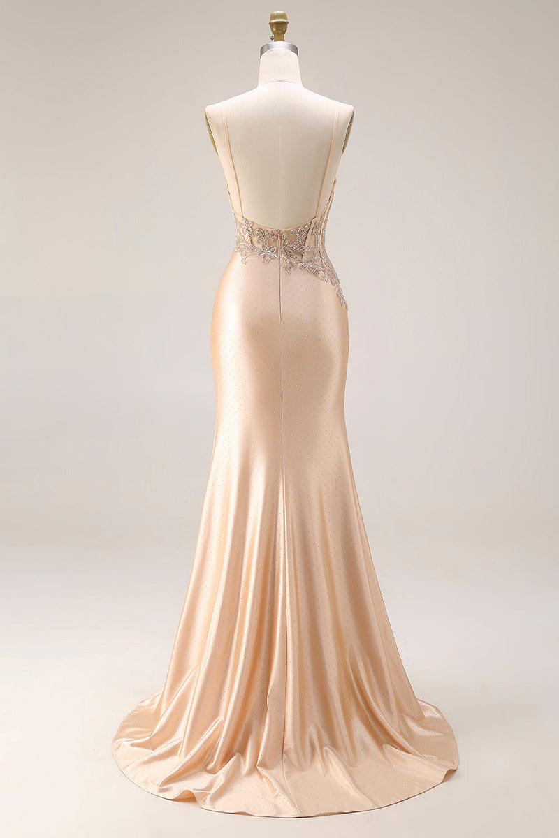 Laden Sie das Bild in den Galerie-Viewer, Champagner Perlenbesetztes Meerjungfrauen Korsett Langes Satin Ballkleid mit Schlitz
