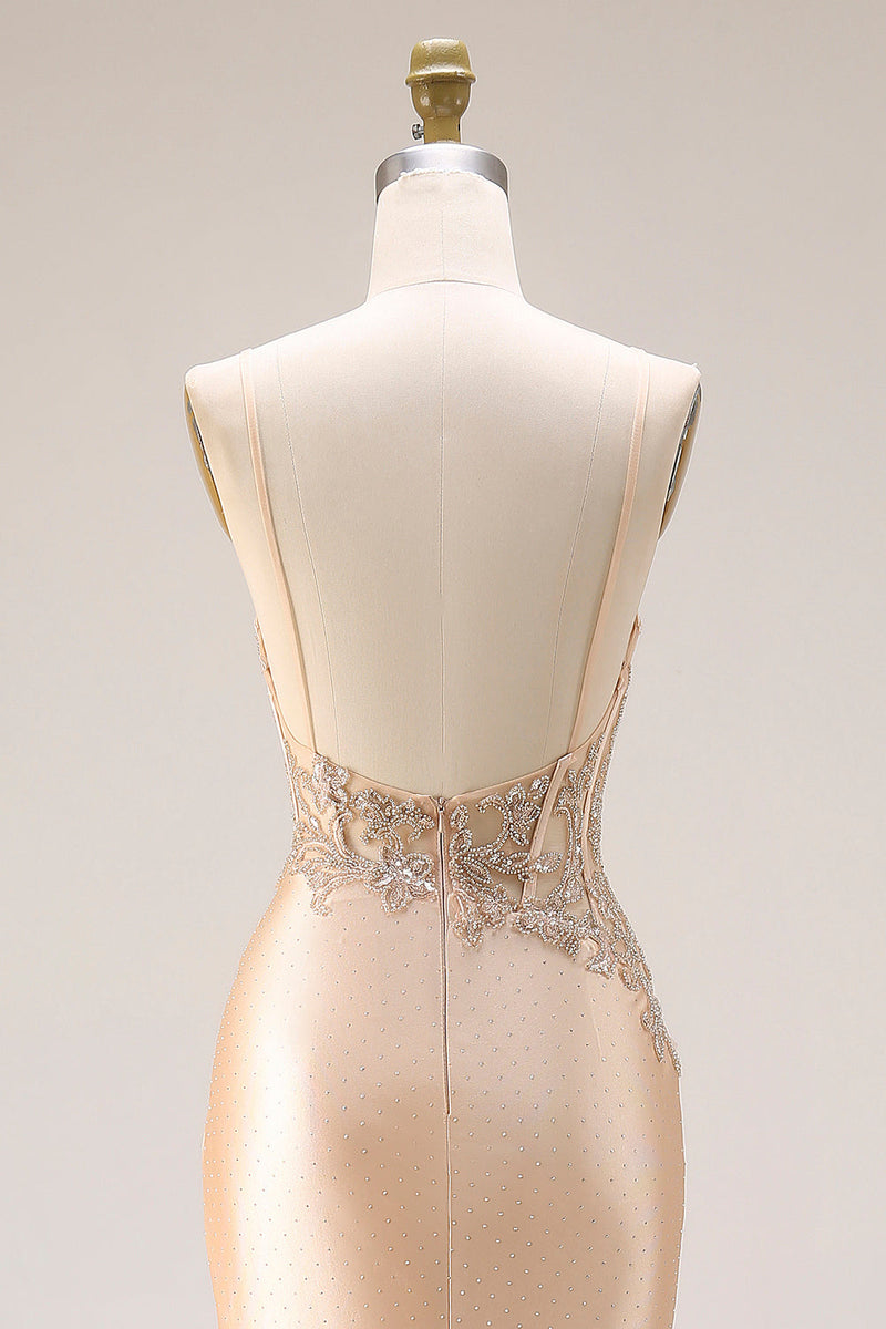 Laden Sie das Bild in den Galerie-Viewer, Champagner Perlenbesetztes Meerjungfrauen Korsett Langes Satin Ballkleid mit Schlitz