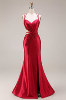 Laden Sie das Bild in den Galerie-Viewer, Rotes Applikiertes Meerjungfrauen Satin Langes Ballkleid mit Schlitz