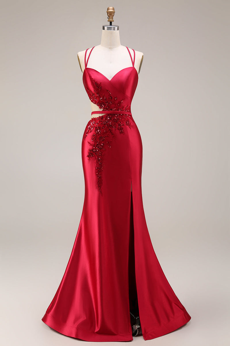 Laden Sie das Bild in den Galerie-Viewer, Rotes Applikiertes Meerjungfrauen Satin Langes Ballkleid mit Schlitz