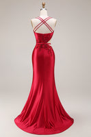 Laden Sie das Bild in den Galerie-Viewer, Rotes Applikiertes Meerjungfrauen Satin Langes Ballkleid mit Schlitz