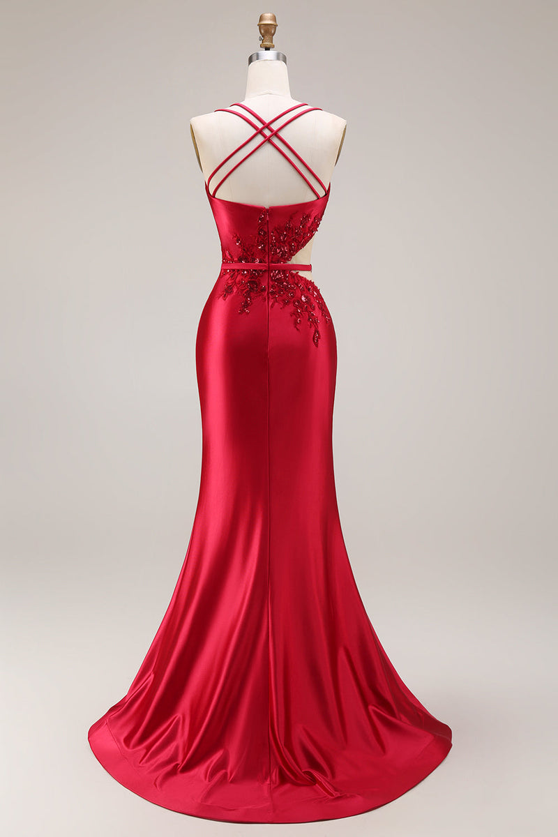 Laden Sie das Bild in den Galerie-Viewer, Rotes Applikiertes Meerjungfrauen Satin Langes Ballkleid mit Schlitz