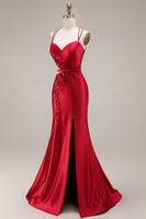 Laden Sie das Bild in den Galerie-Viewer, Rotes Applikiertes Meerjungfrauen Satin Langes Ballkleid mit Schlitz