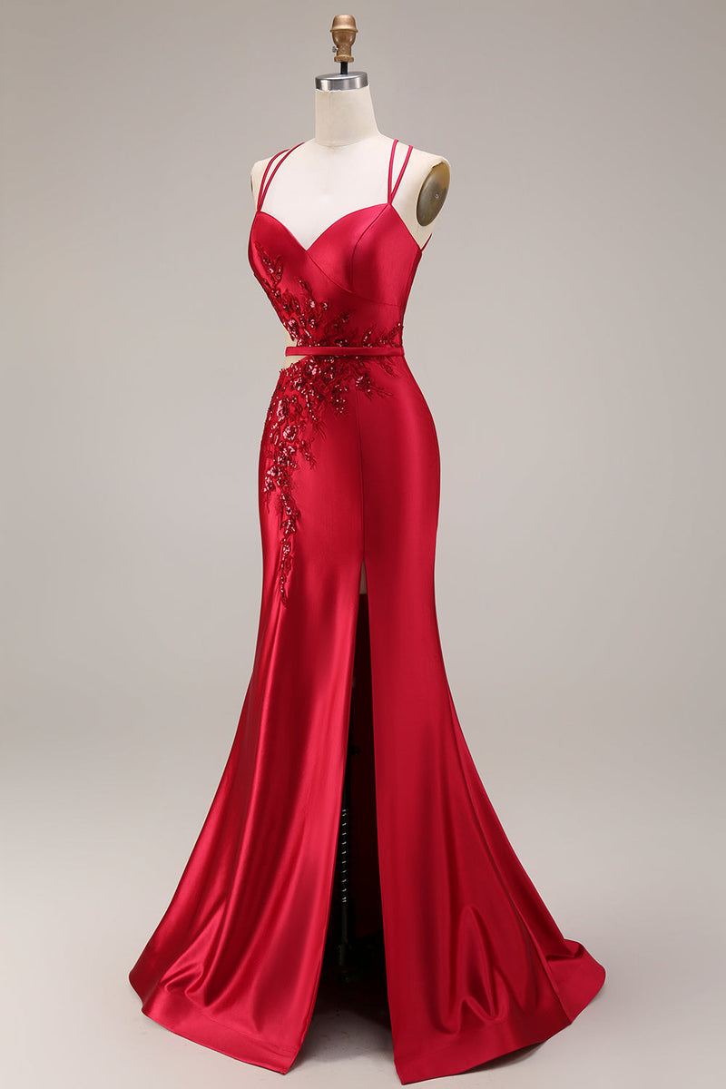 Laden Sie das Bild in den Galerie-Viewer, Rotes Applikiertes Meerjungfrauen Satin Langes Ballkleid mit Schlitz