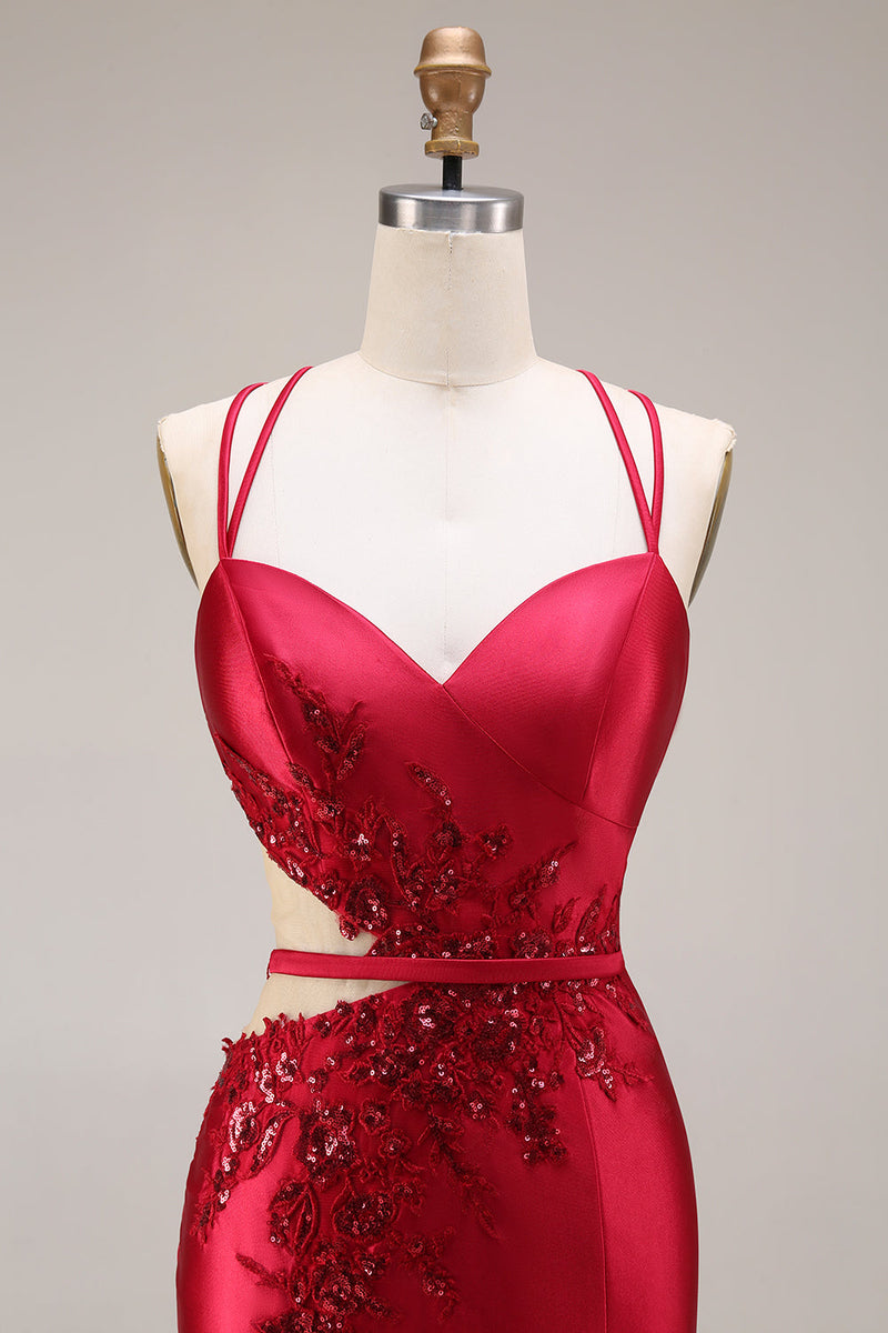 Laden Sie das Bild in den Galerie-Viewer, Rotes Applikiertes Meerjungfrauen Satin Langes Ballkleid mit Schlitz