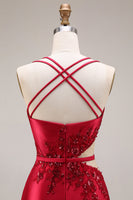 Laden Sie das Bild in den Galerie-Viewer, Rotes Applikiertes Meerjungfrauen Satin Langes Ballkleid mit Schlitz