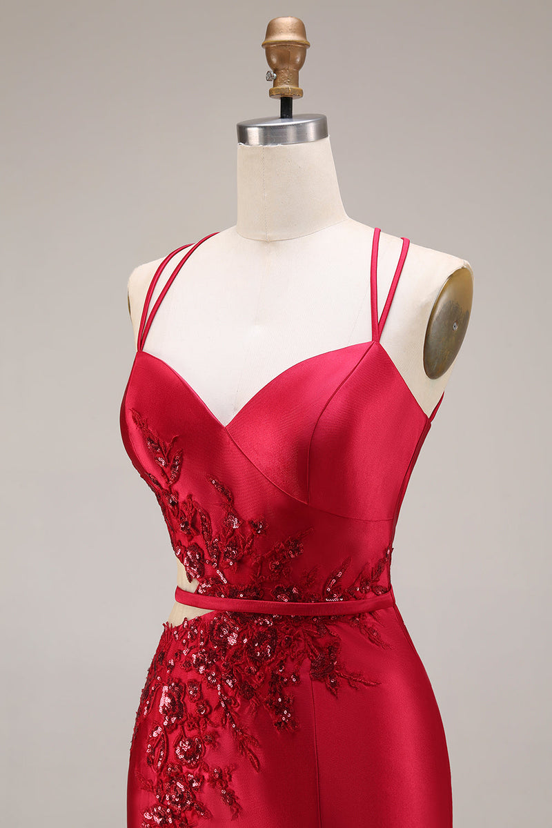 Laden Sie das Bild in den Galerie-Viewer, Rotes Applikiertes Meerjungfrauen Satin Langes Ballkleid mit Schlitz