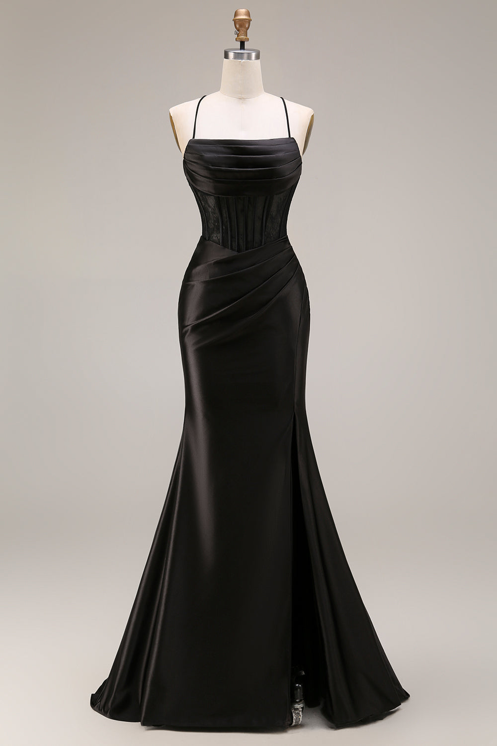 Schwarzes Satin Spaghettiträger Meerjungfrauen Langes Abendkleid mit Schlitz