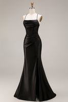Laden Sie das Bild in den Galerie-Viewer, Schwarzes Satin Spaghettiträger Meerjungfrauen Langes Abendkleid mit Schlitz