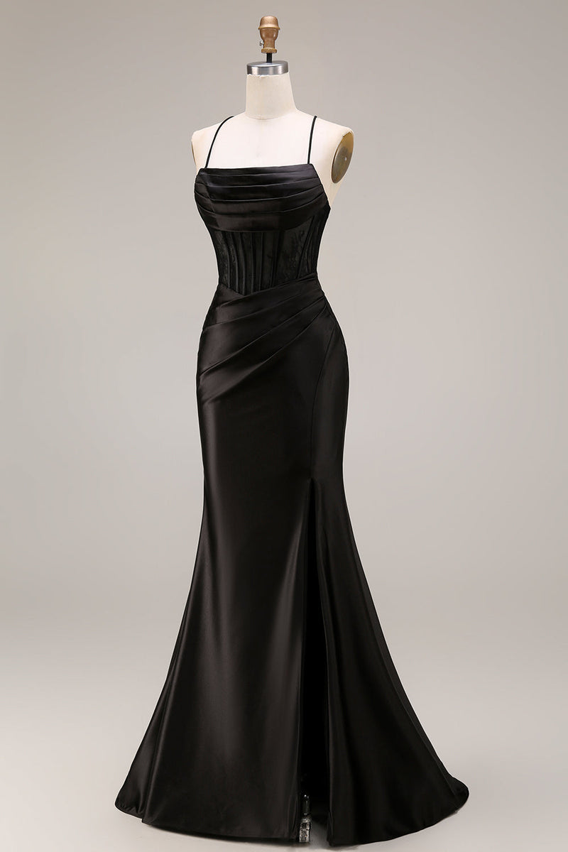 Laden Sie das Bild in den Galerie-Viewer, Schwarzes Satin Spaghettiträger Meerjungfrauen Langes Abendkleid mit Schlitz