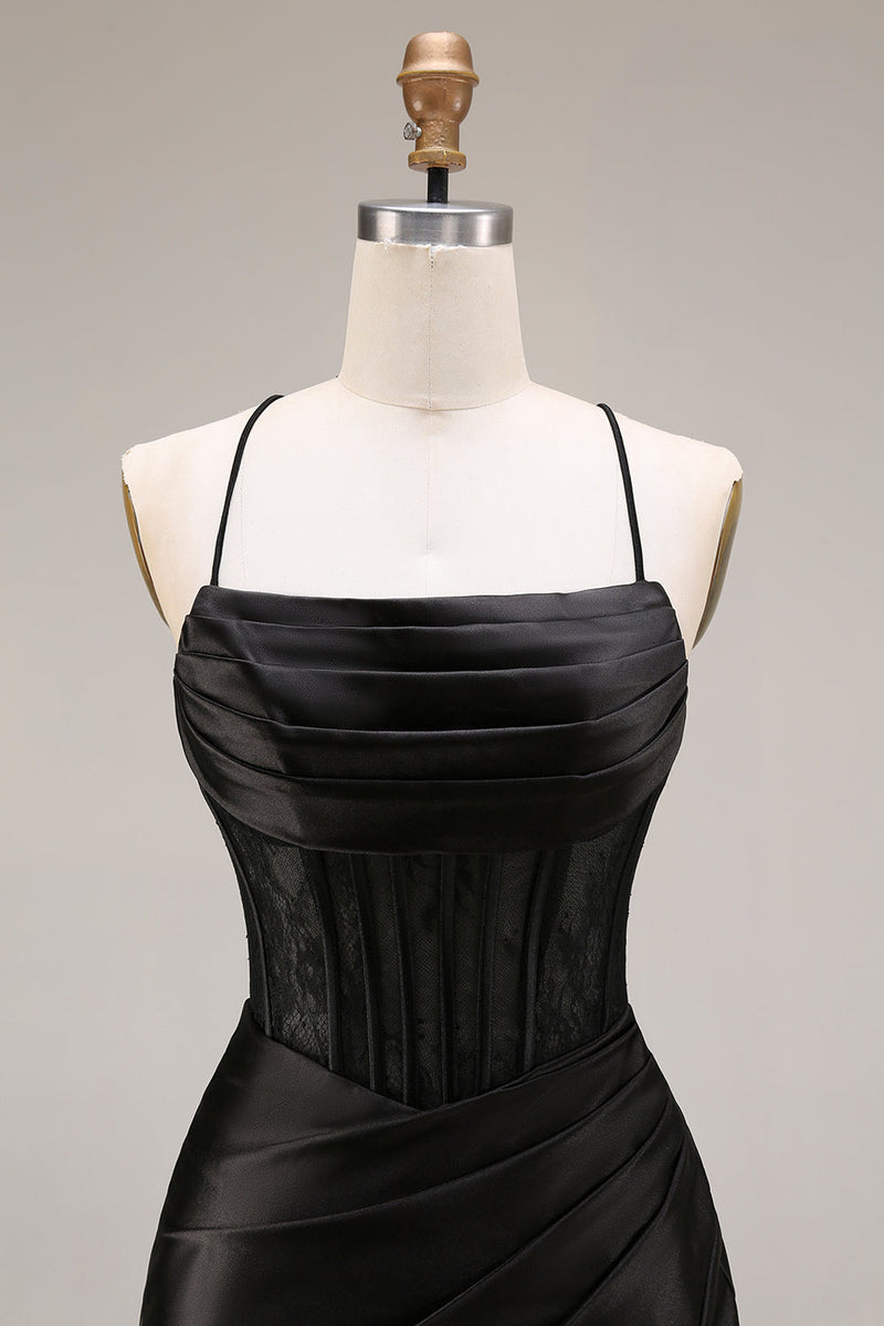Laden Sie das Bild in den Galerie-Viewer, Schwarzes Satin Spaghettiträger Meerjungfrauen Langes Abendkleid mit Schlitz