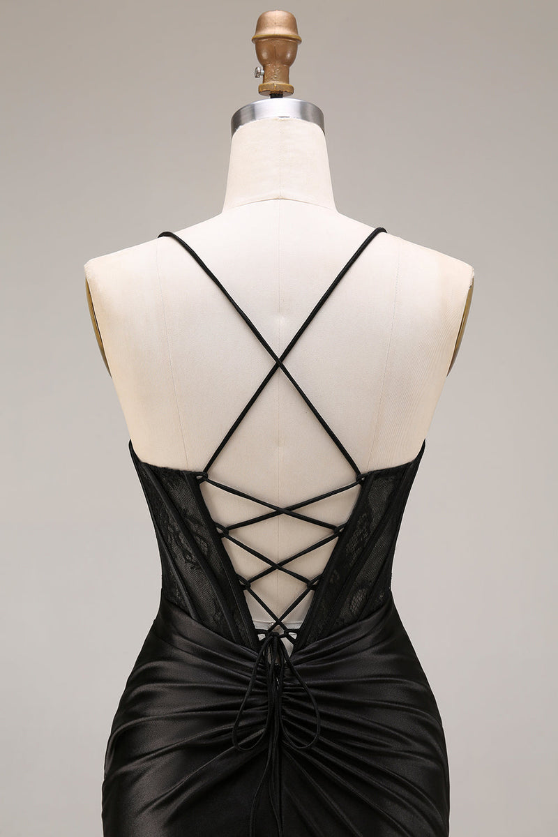 Laden Sie das Bild in den Galerie-Viewer, Schwarzes Satin Spaghettiträger Meerjungfrauen Langes Abendkleid mit Schlitz