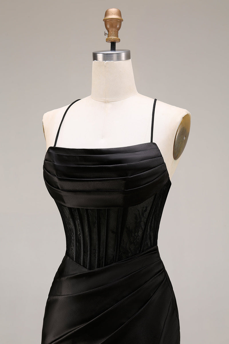 Laden Sie das Bild in den Galerie-Viewer, Schwarzes Satin Spaghettiträger Meerjungfrauen Langes Abendkleid mit Schlitz