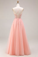Laden Sie das Bild in den Galerie-Viewer, Wassermelone Applikiertes Korsett Spaghettiträger A-Linie Langes Tüll Ballkleid