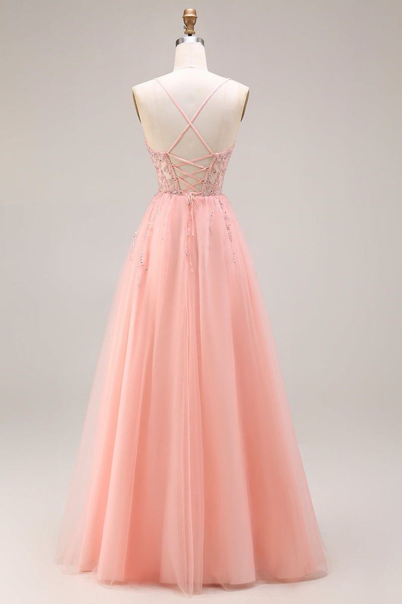 Laden Sie das Bild in den Galerie-Viewer, Wassermelone Applikiertes Korsett Spaghettiträger A-Linie Langes Tüll Ballkleid