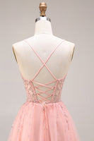 Laden Sie das Bild in den Galerie-Viewer, Wassermelone Applikiertes Korsett Spaghettiträger A-Linie Langes Tüll Ballkleid
