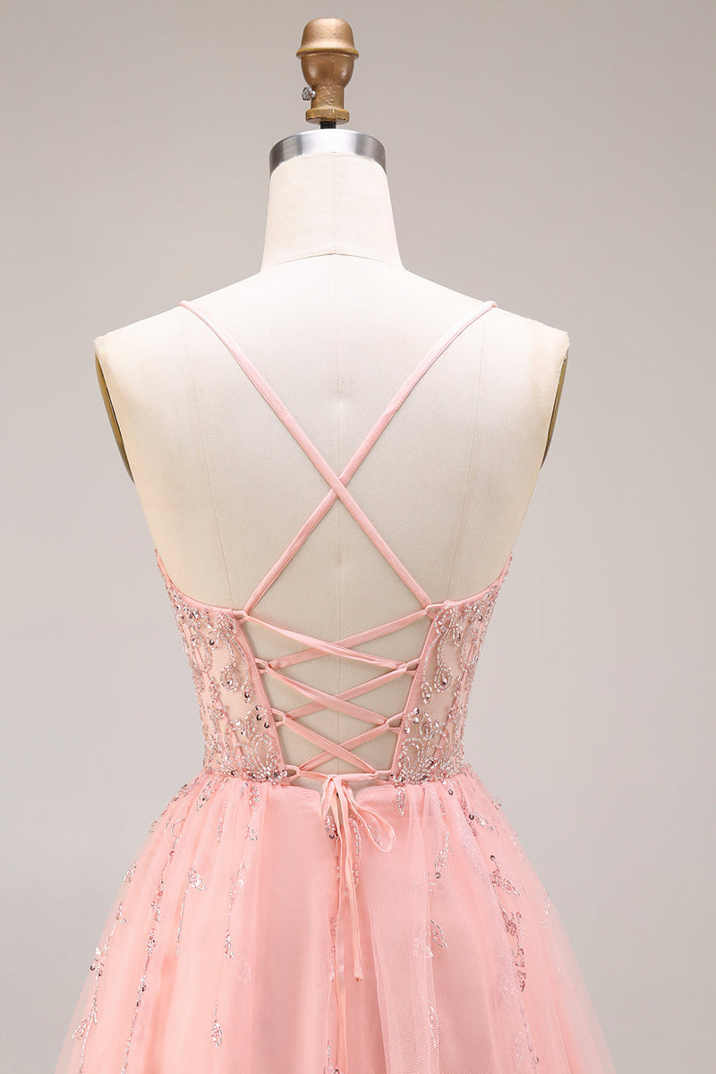 Laden Sie das Bild in den Galerie-Viewer, Wassermelone Applikiertes Korsett Spaghettiträger A-Linie Langes Tüll Ballkleid