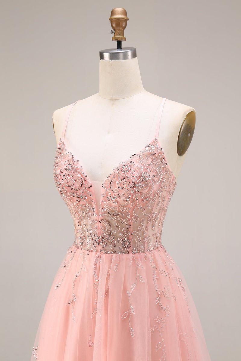 Laden Sie das Bild in den Galerie-Viewer, Wassermelone Applikiertes Korsett Spaghettiträger A-Linie Langes Tüll Ballkleid