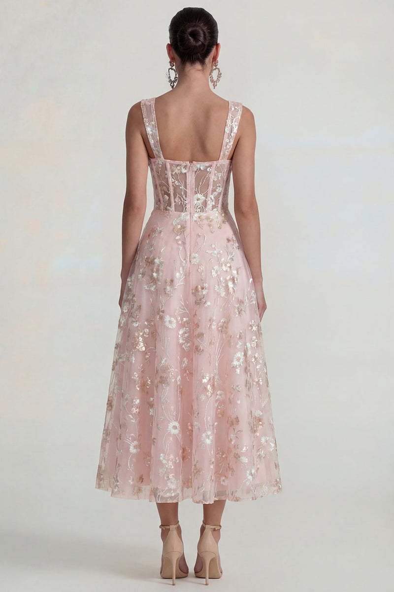 Laden Sie das Bild in den Galerie-Viewer, Glitzerndes Rosa Applikiertes Quadratisches Korsett Midi Kleid