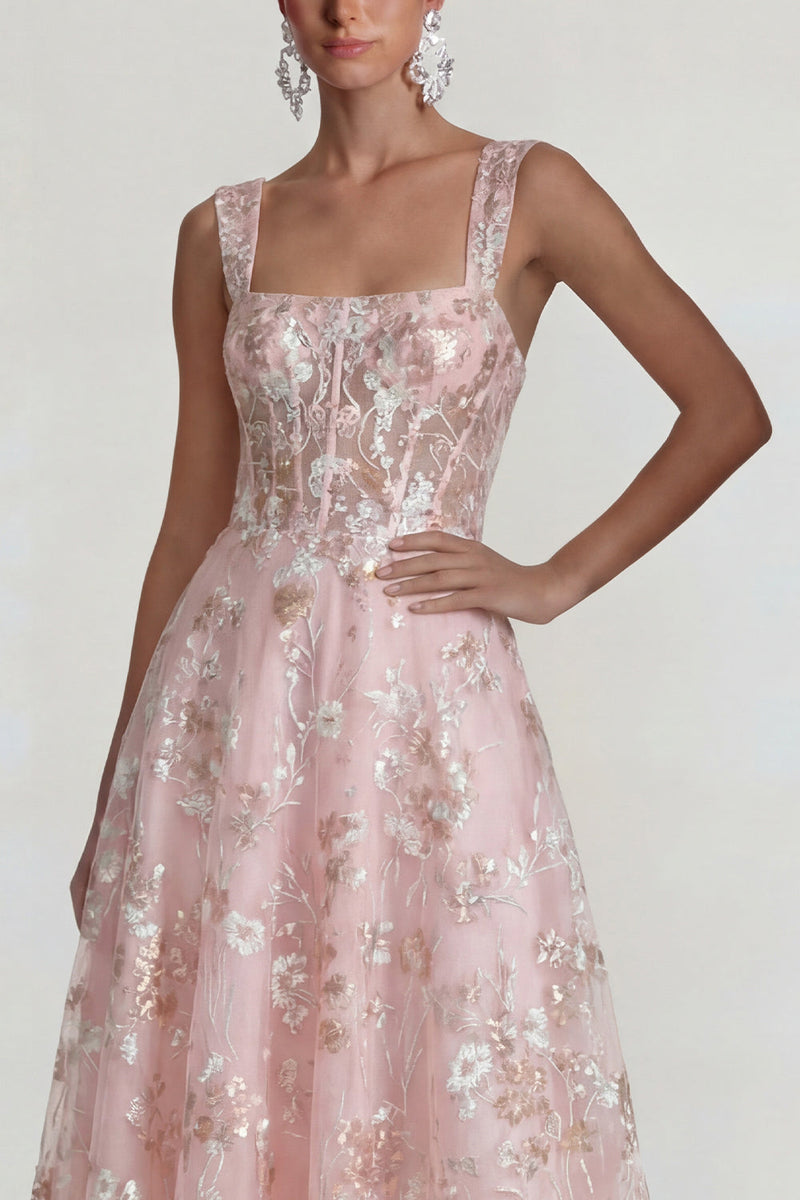 Laden Sie das Bild in den Galerie-Viewer, Glitzerndes Rosa Applikiertes Quadratisches Korsett Midi Kleid