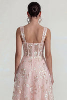 Laden Sie das Bild in den Galerie-Viewer, Glitzerndes Rosa Applikiertes Quadratisches Korsett Midi Kleid