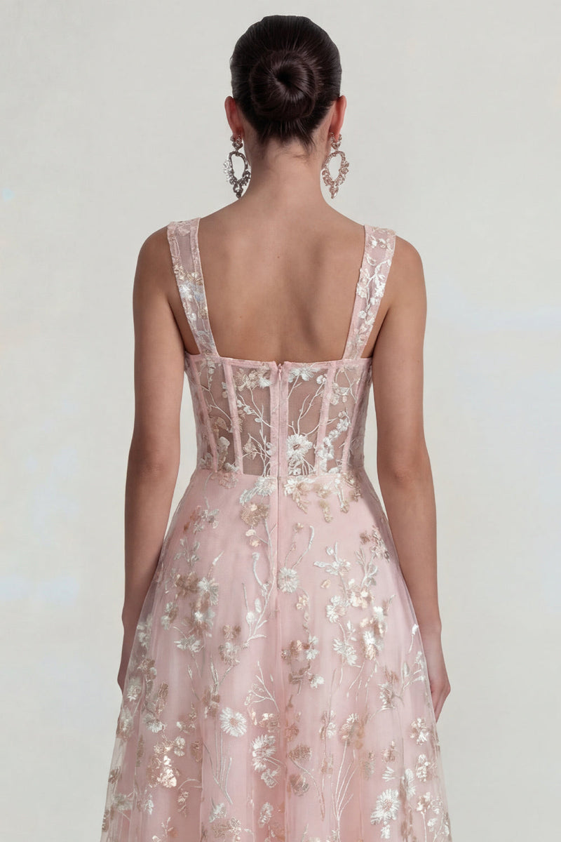 Laden Sie das Bild in den Galerie-Viewer, Glitzerndes Rosa Applikiertes Quadratisches Korsett Midi Kleid