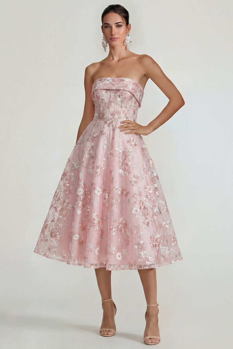 Laden Sie das Bild in den Galerie-Viewer, Glitzerndes Blumen Applikiertes Rosa Trägerloses A-Linie Midi Kleid