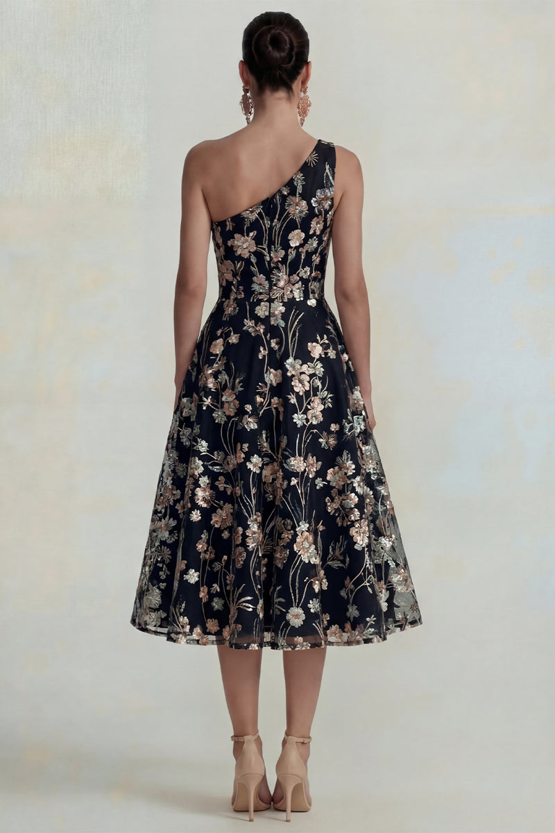 Laden Sie das Bild in den Galerie-Viewer, Glitzerndes Blumen Applikiertes Rosa Ein Schulter A-Linie Midi Kleid
