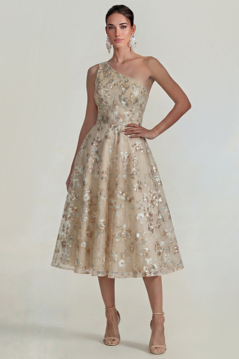 Laden Sie das Bild in den Galerie-Viewer, Glitzerndes Blumen Applikiertes Rosa Ein Schulter A-Linie Midi Kleid