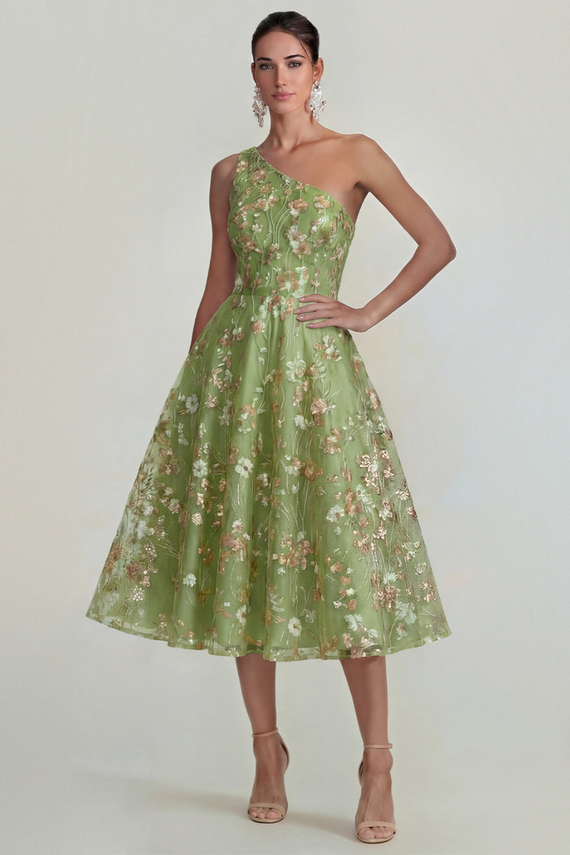 Laden Sie das Bild in den Galerie-Viewer, Glitzerndes Blumen Applikiertes Rosa Ein Schulter A-Linie Midi Kleid