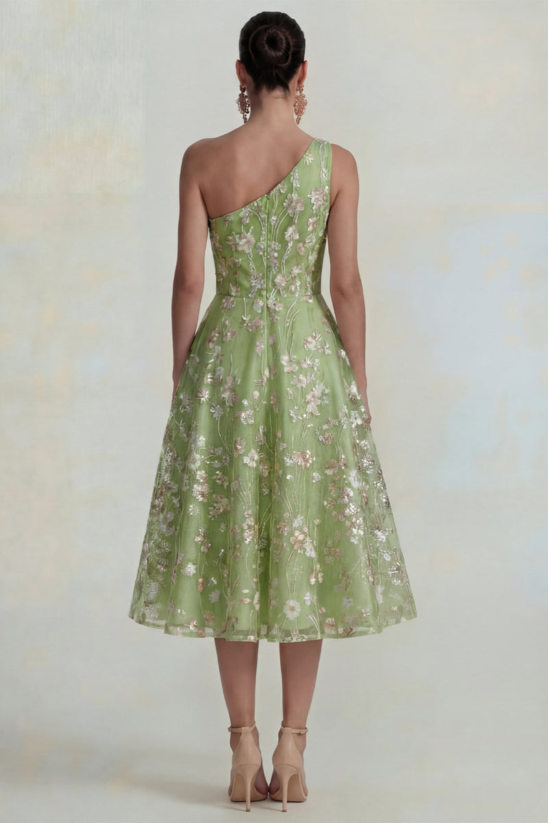 Laden Sie das Bild in den Galerie-Viewer, Glitzerndes Blumen Applikiertes Rosa Ein Schulter A-Linie Midi Kleid
